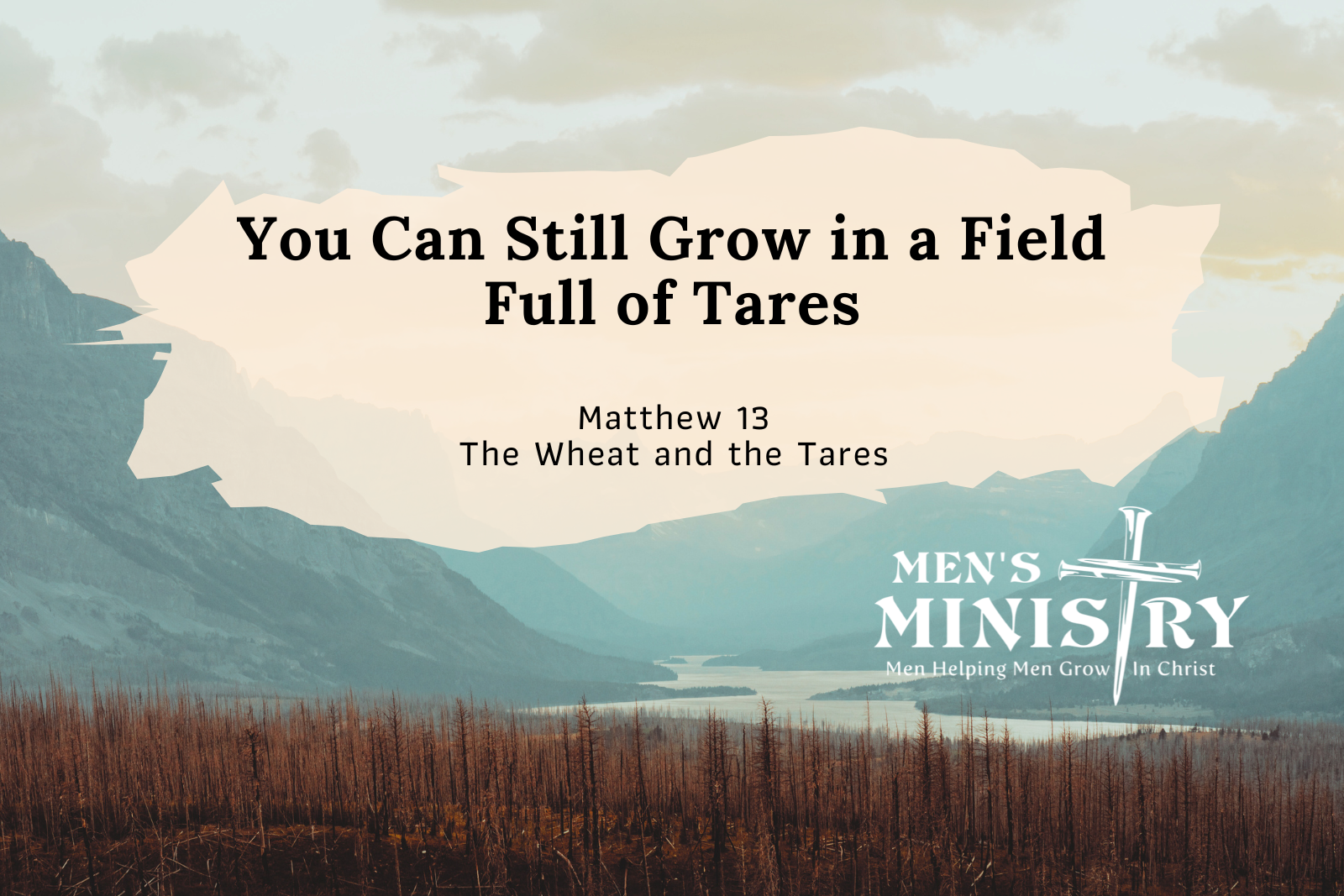 Poster-style image of mountains at dusk with a pale cream speech-bubble containing the title 'You Can Still Grow in a Field Full of Tares' and subtitle 'Matthew 13 The Wheat and the Tares', plus a Men's Ministry logo in the bottom-right.