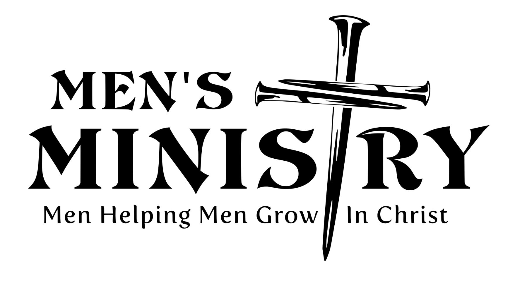 mens-ministry-white | Men's Ministry Bible Studies Men's Ministry logo featuring a vertical sword crossing a horizontal blade and the tagline 'Men Helping Men Grow In Christ'